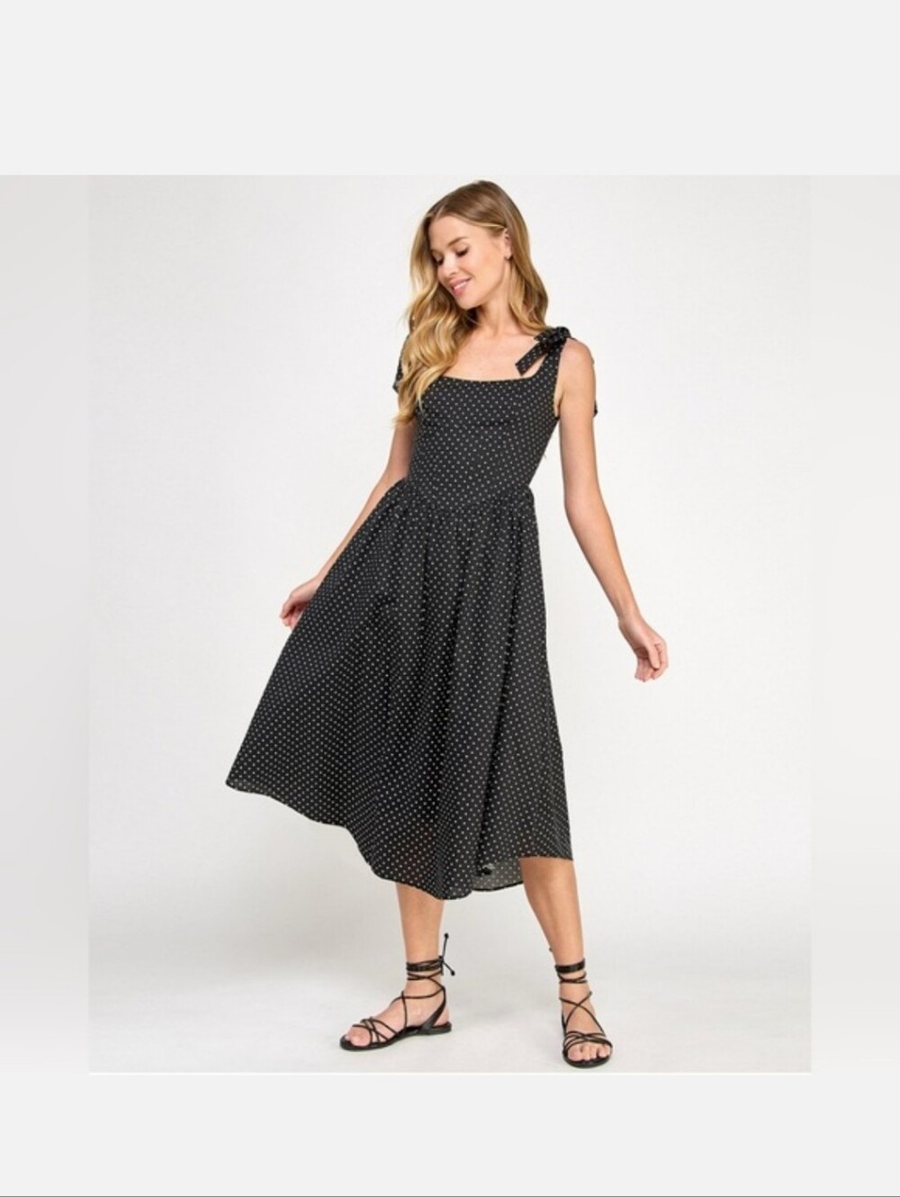 Polka Dot Tie-Shoulder Midi Dress - Black